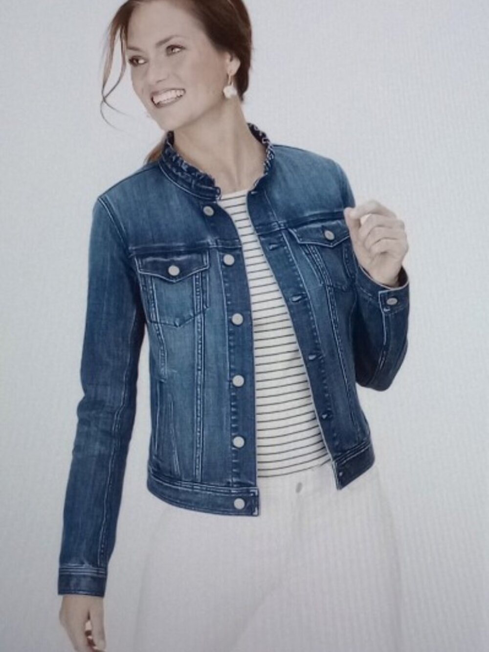 Talbots Sz XS Ruffle Trim Denim Jean Blue Button Up Cottagecore Boho LS Jacket